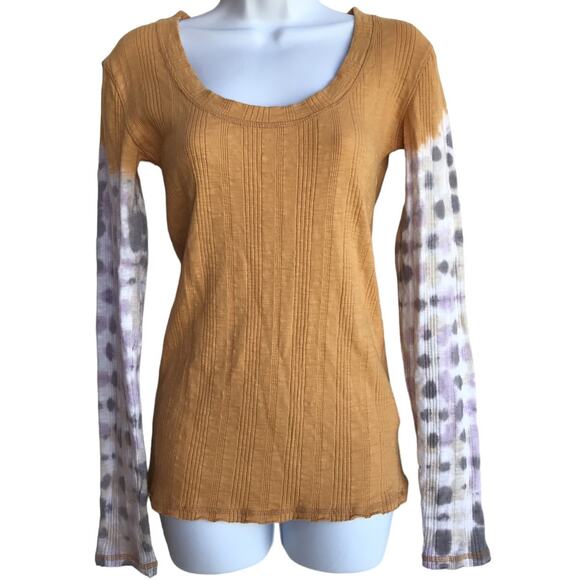 Free People We the Free Orange and Tie Dye Scoop Neck Long Sleeve T Shirt size M - Picture 1 of 6
